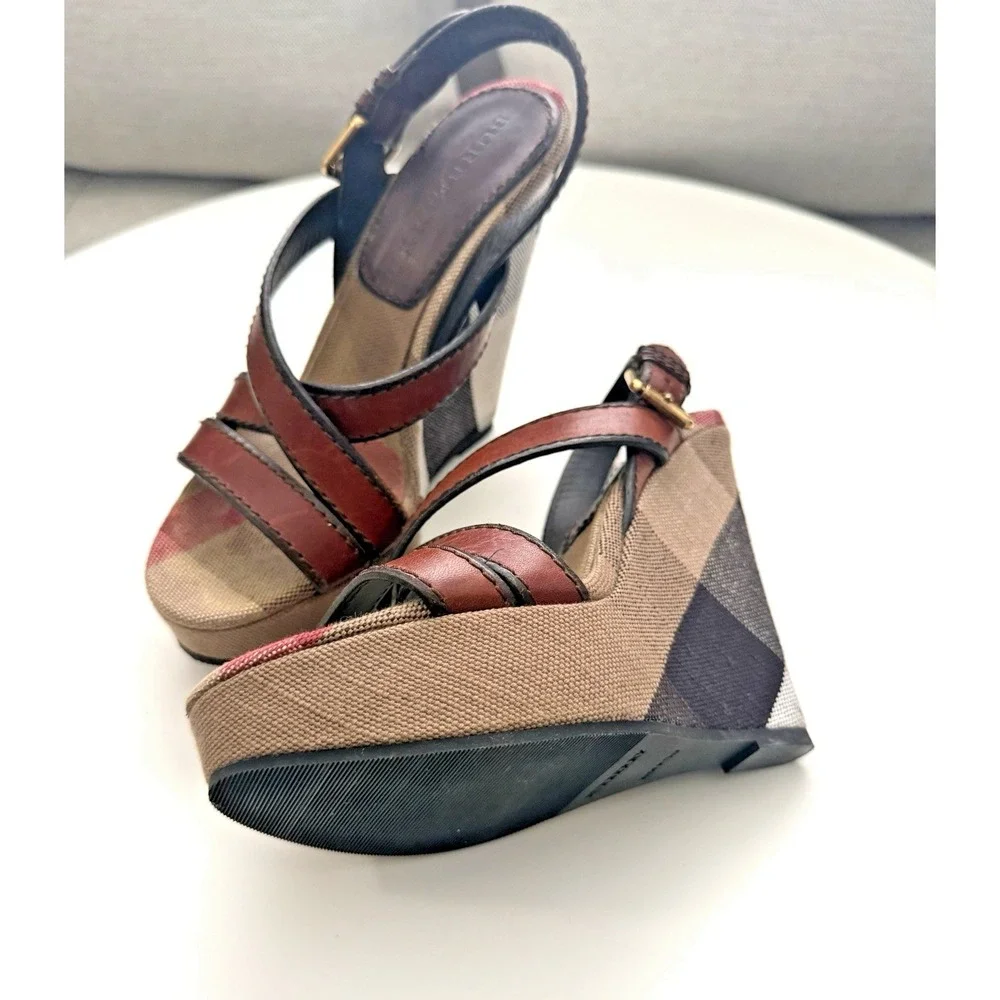 Burberry Brit Canvas Nova Check Warlow 125MM  Woman Wedge Sandals US 7